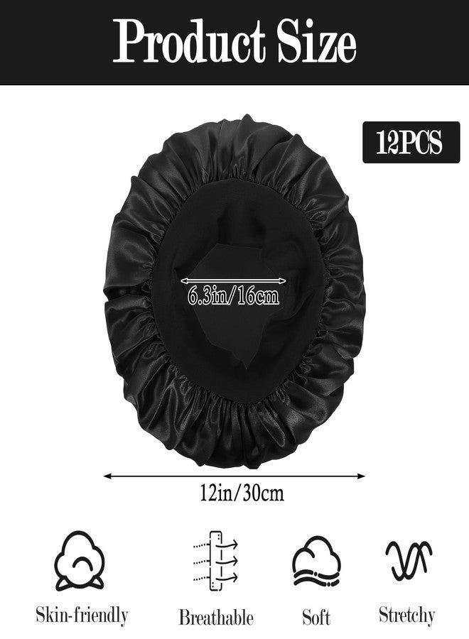 JOUTYFOR 12 Pcs Silk Bonnet for Women Curly Hair Satin Bonnet Hair Wrap for Sleeping Cap with Tie Band Soft and Breathable (Black) - Image 2